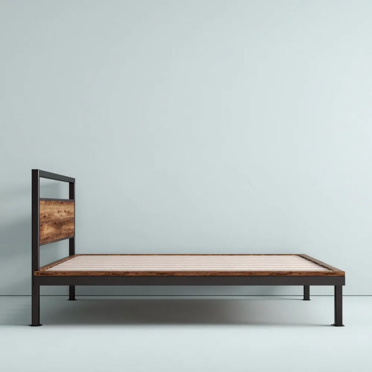 Rama łóżka 140 x 200 cm czarna stalowa z panelem MDF w dekorze brązowego drewna