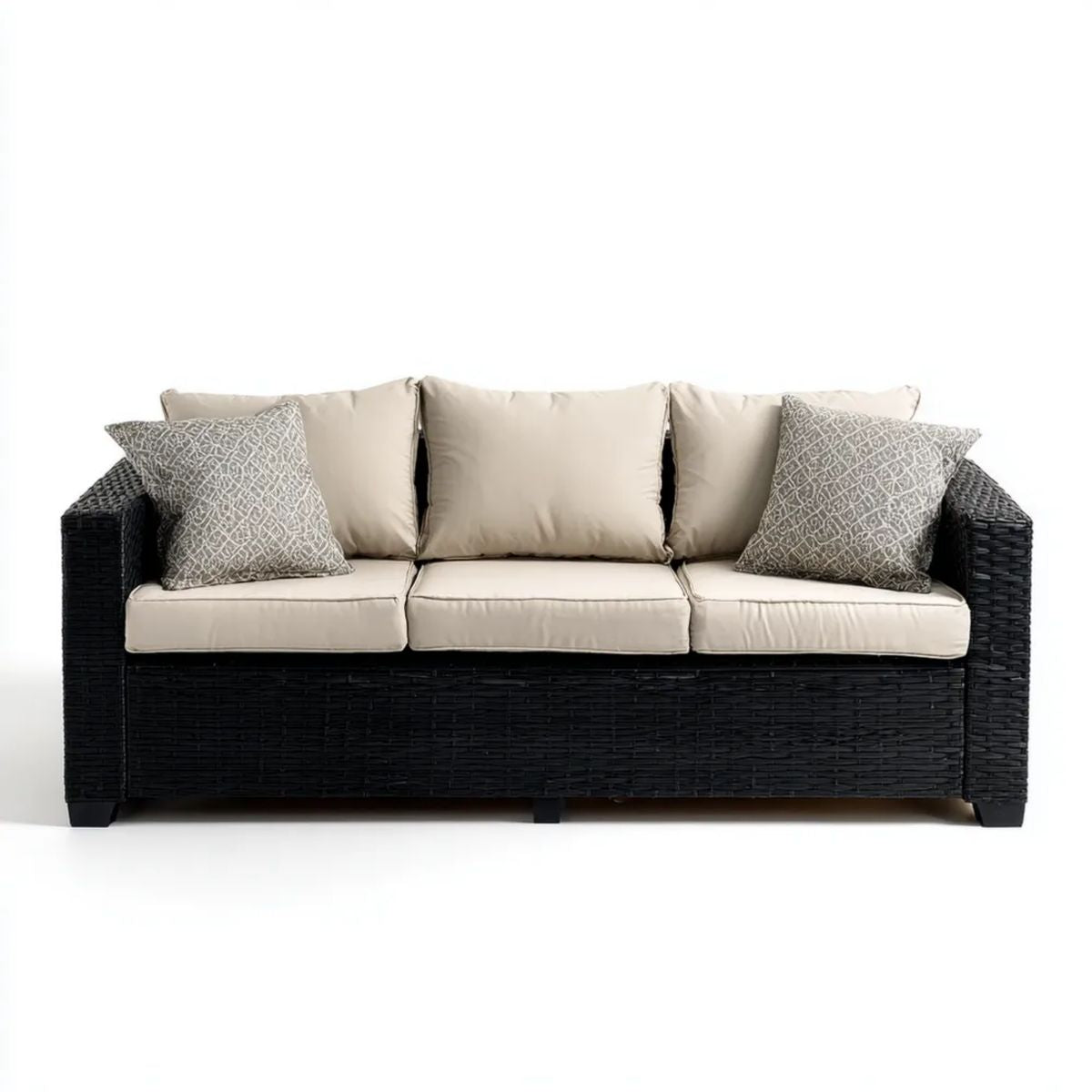 Trzyosobowa sofa ogrodowa z technorattanu czarna z beżowymi poduszkami, 200 x 80 x 85 cm