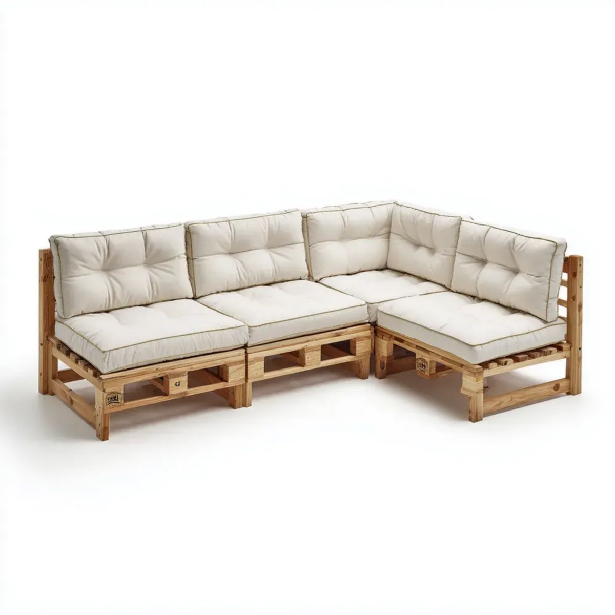 Drewniana narożna sofa ogrodowa z palet w kształcie L, jasnobrązowa z jasnobeżowymi poduszkami, 240 x 160 x 85 cm