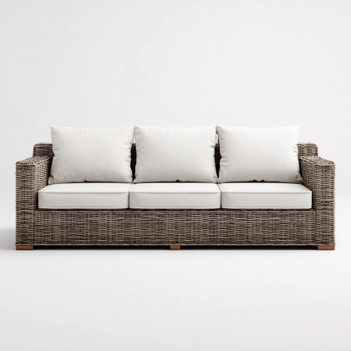 3-osobowa sofa ogrodowa z technorattanu szarobrązowa z białymi poduszkami, 220 × 85 × 78 cm
