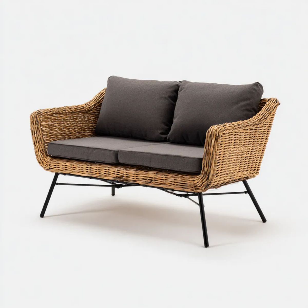 Dwuosobowa sofa ogrodowa z rattanu naturalnego i stali, brązowo-czarna, 130 x 75 x 75 cm