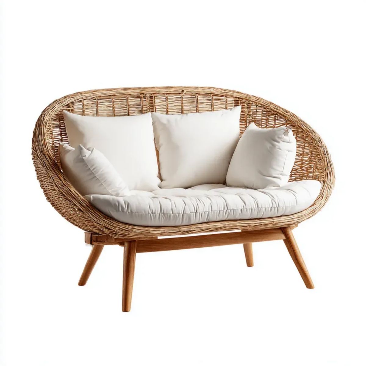 Dwuosobowa sofa ogrodowa z naturalnego rattanu z beżowymi poduszkami, 150 x 75 x 85 cm