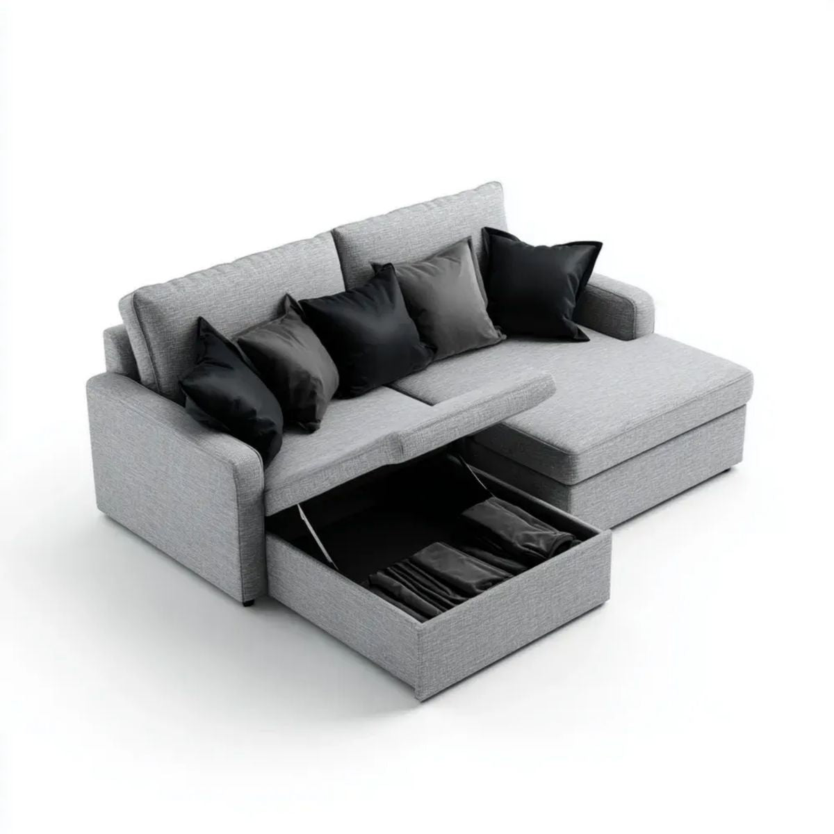 Rozkładana sofa z poliestru z prawostronnym modułem wypoczynkowym, pojemnikiem na pościel i powierzchnią spania 140 × 200 cm, jasnoszara, 240 × 160 × 85 cm