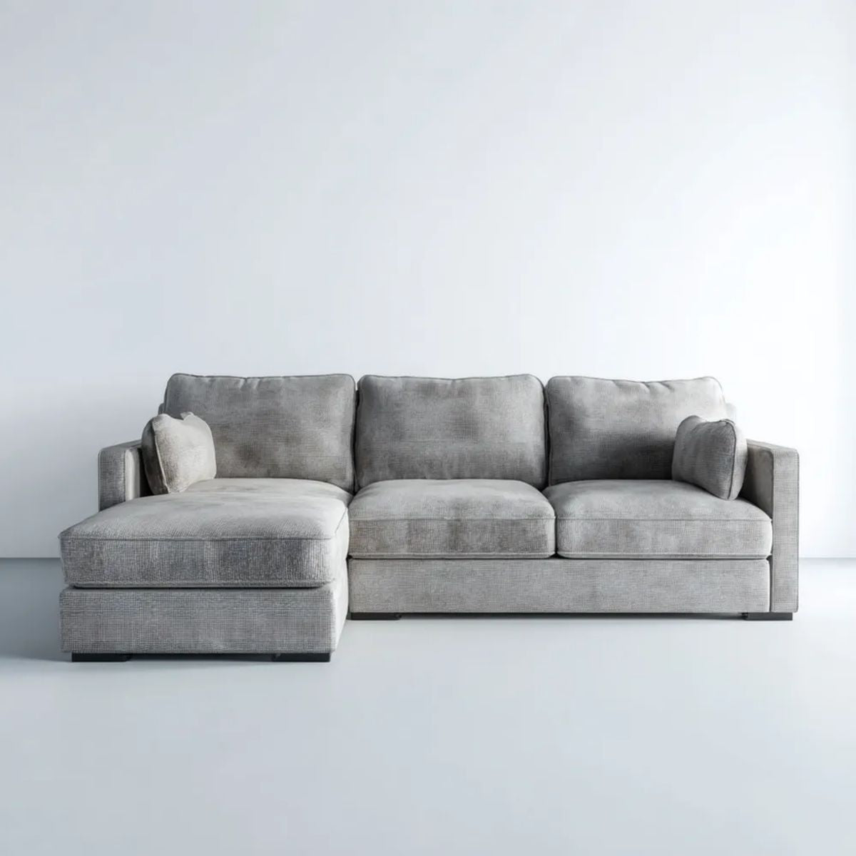 Szara sofa narożna z lewostronnym szezlongiem w kształcie L, tapicerka poliestrowa, 270 x 160 x 85 cm