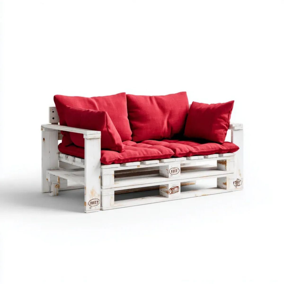 Ogrodowa sofa z palet drewnianych 120 x 80 x 70 cm biała z czerwonymi poduszkami