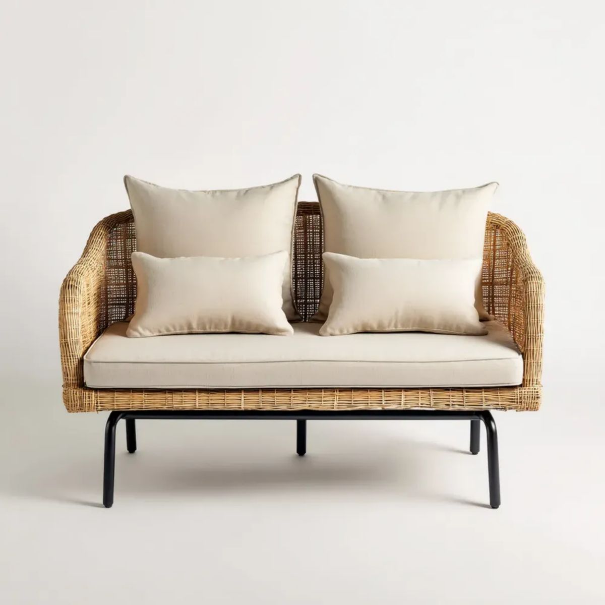 Dwuosobowa sofa ogrodowa z technorattanu, naturalna/beżowa/czarna, z 5 poduszkami, 120 x 70 x 78 cm