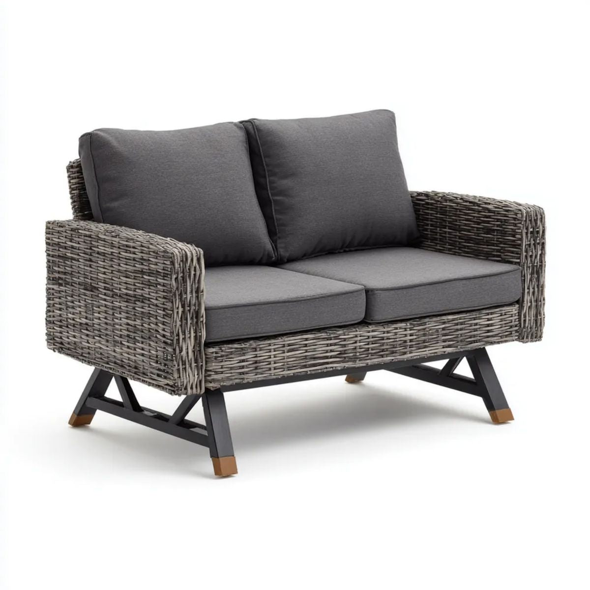 Dwuosobowa sofa ogrodowa z technorattanu i stali, szara, 140 x 80 x 75 cm