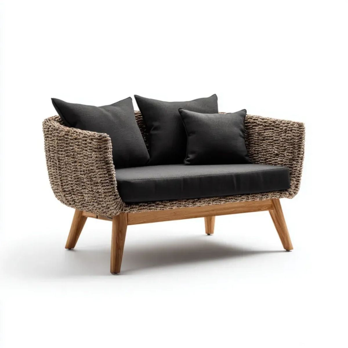 Dwuosobowa sofa ogrodowa czarno-brązowa z plecionki polipropylenowej i drewna akacjowego 130 x 75 x 78 cm