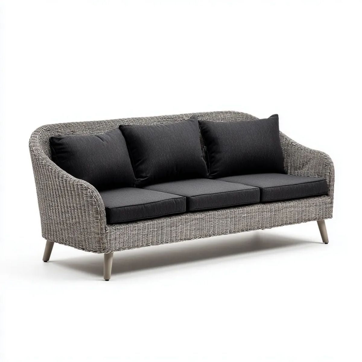 Trzyosobowa sofa ogrodowa z technorattanu, szara z czarnymi poduszkami, 210 x 85 x 80 cm