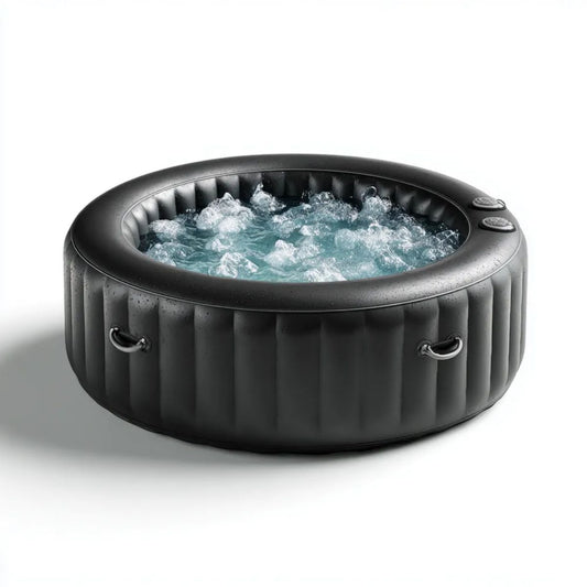Dmuchane jacuzzi z hydromasażem, czarne PVC, okrągłe, 180 × 180 × 65 cm