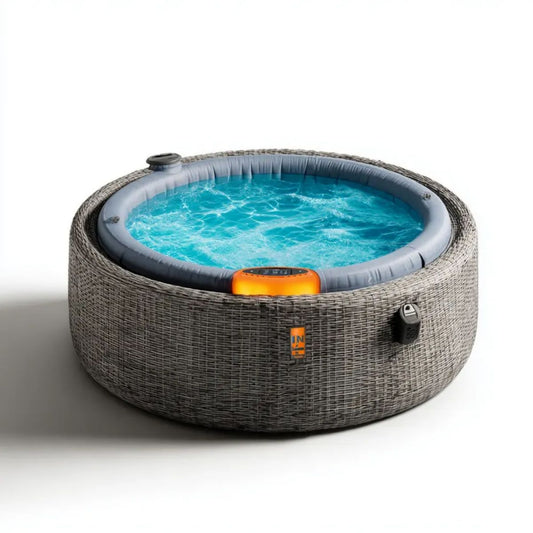 Dmuchane jacuzzi spa z PVC, okrągłe, szaro-brązowe z pomarańczowymi detalami, 180 × 180 × 65 cm