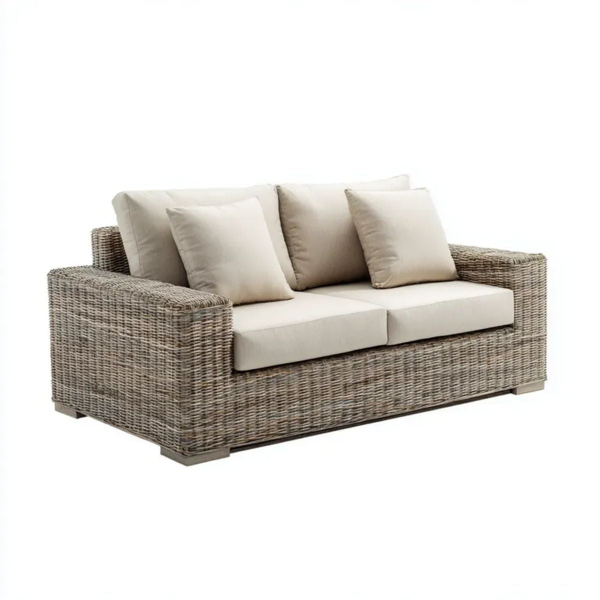 Dwuosobowa sofa ogrodowa z plecionki PE z poduszkami, szarobrązowa/beżowa, 170 x 85 x 80 cm