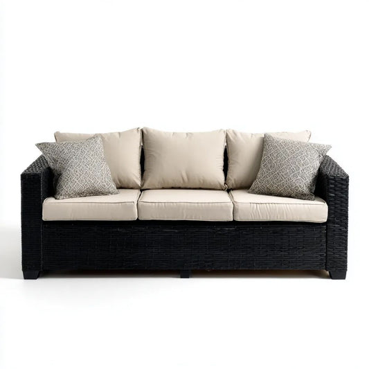 Trzyosobowa sofa ogrodowa z technorattanu czarna z beżowymi poduszkami, 200 x 80 x 85 cm