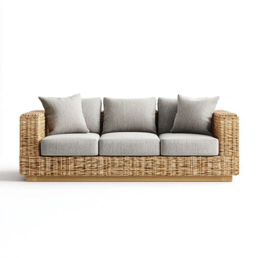 Trzyosobowa sofa ogrodowa z rattanu naturalnego z poduszkami, beżowo-jasnoszara, 220 x 85 x 75 cm