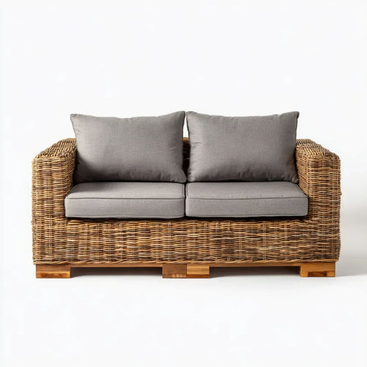 Dwuosobowa sofa ogrodowa z naturalnego rattanu z szarymi poduszkami 160 x 80 x 85 cm