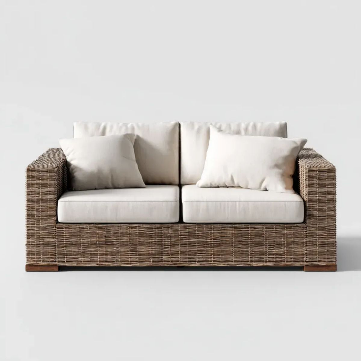 Dwuosobowa sofa ogrodowa z technorattanu ze stalową ramą, naturalny brąz/kremowy, 160 × 85 × 85 cm