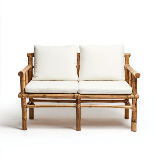 Dwuosobowa sofa ogrodowa z bambusa z beżowymi poduszkami, naturalny brąz, 120 x 65 x 85 cm