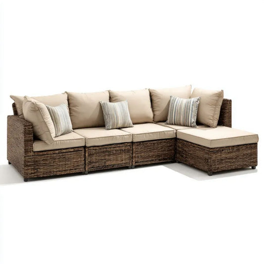 Narożna sofa ogrodowa z technorattanu, brązowo-beżowa, 220 x 150 x 85 cm, kształt L
