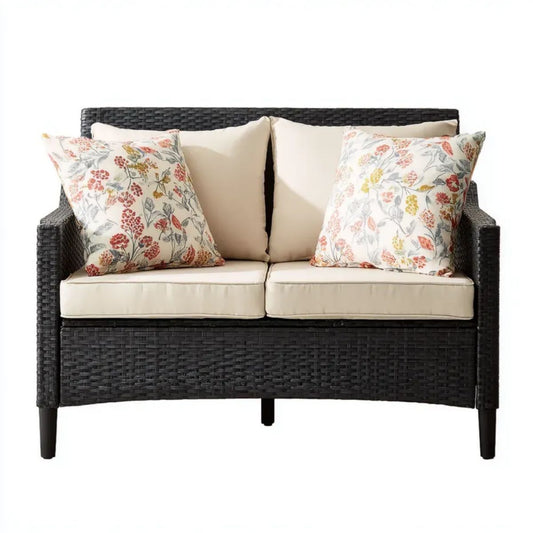 Dwuosobowa sofa ogrodowa z technorattanu, czarna z kremowymi poduszkami, 120 x 65 x 85 cm