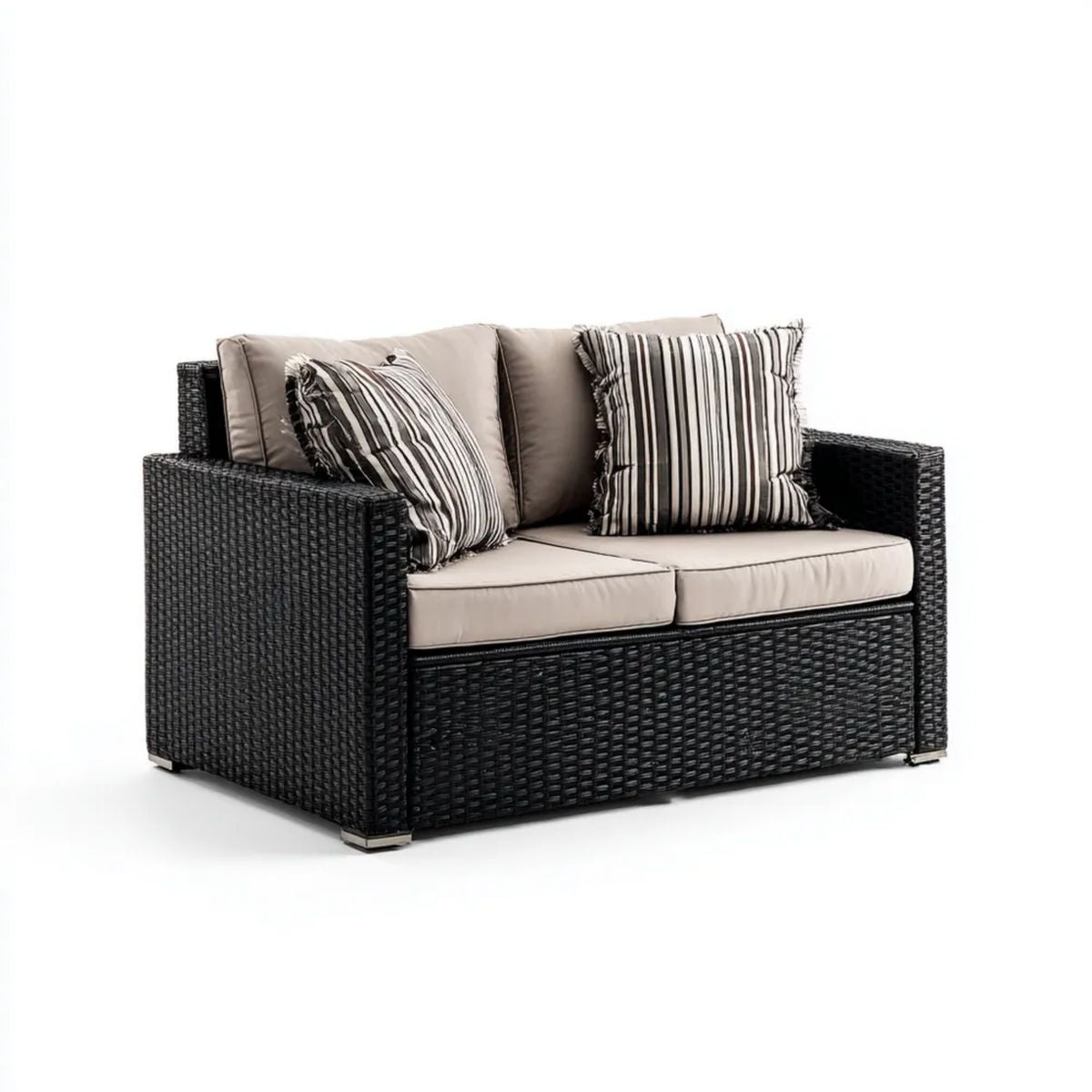 Dwuosobowa sofa ogrodowa z technorattanu czarna z beżowymi poduszkami, 130 x 75 x 85 cm