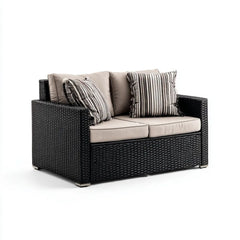 Dwuosobowa sofa ogrodowa z technorattanu czarna z beżowymi poduszkami, 130 x 75 x 85 cm