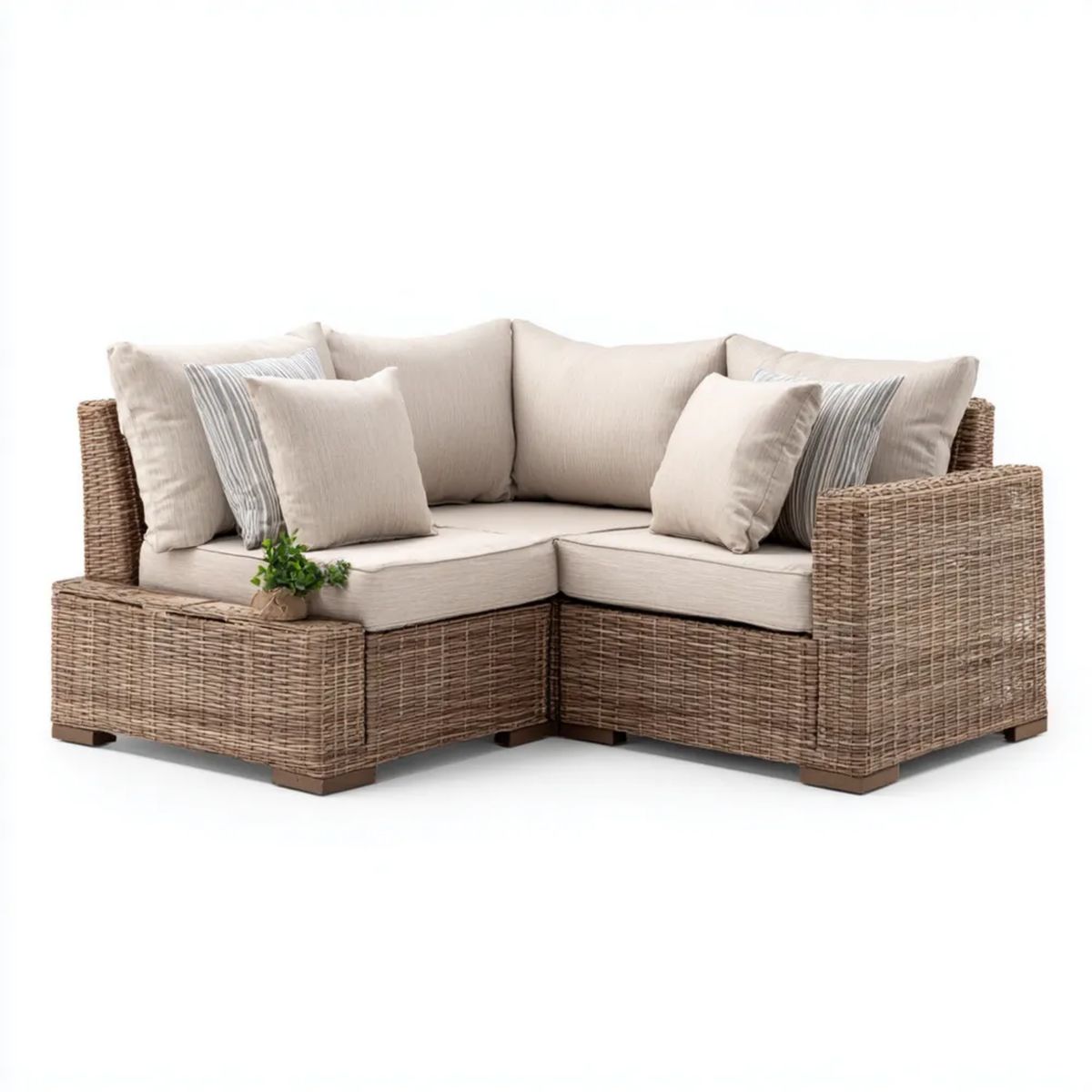 Ogrodowa sofa narożna 2-osobowa w kształcie L z technorattanu, brązowo-beżowa, 160 x 80 x 85 cm