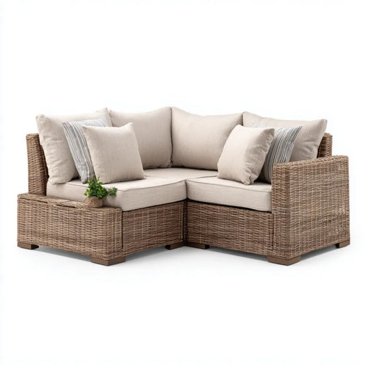 Ogrodowa sofa narożna 2-osobowa w kształcie L z technorattanu, brązowo-beżowa, 160 x 80 x 85 cm