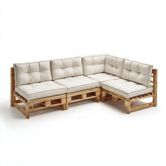Drewniana narożna sofa ogrodowa z palet w kształcie L, jasnobrązowa z jasnobeżowymi poduszkami, 240 x 160 x 85 cm