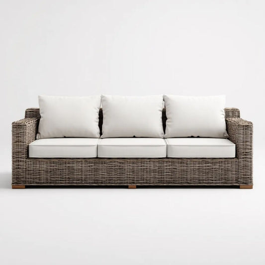 3-osobowa sofa ogrodowa z technorattanu szarobrązowa z białymi poduszkami, 220 × 85 × 78 cm