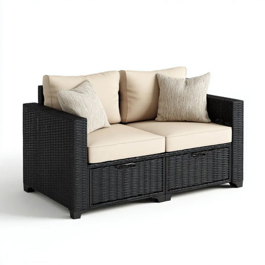 2-osobowa sofa ogrodowa z technorattanu ze schowkami, czarna z beżowymi poduszkami, 150 × 75 × 85 cm