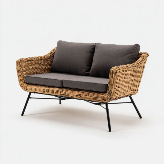 Dwuosobowa sofa ogrodowa z rattanu naturalnego i stali, brązowo-czarna, 130 x 75 x 75 cm