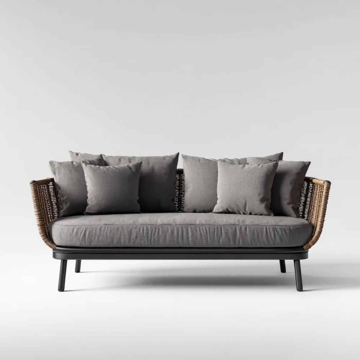 Dwuosobowa sofa ogrodowa z technorattanu i stali, szaro-brązowo-czarna, 160 x 75 x 78 cm