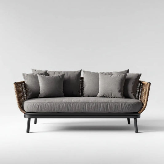 Dwuosobowa sofa ogrodowa z technorattanu i stali, szaro-brązowo-czarna, 160 x 75 x 78 cm