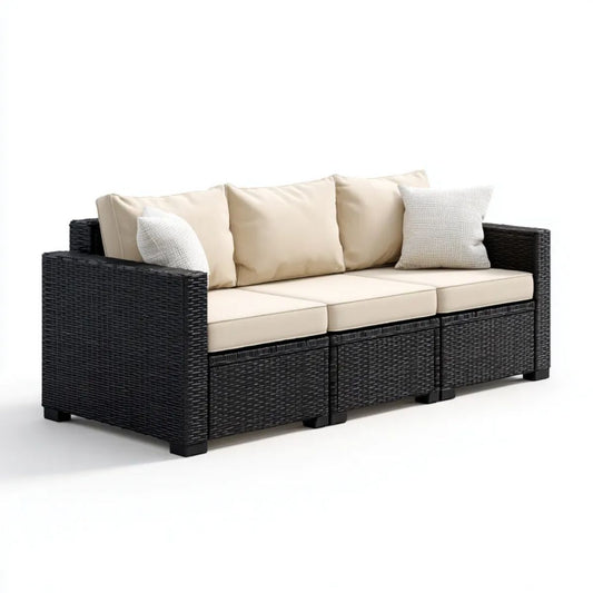 3-osobowa sofa ogrodowa z plecionki PE, czarna z beżowymi poduszkami, 200 × 75 × 65 cm