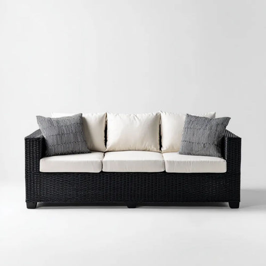 Trzyosobowa sofa ogrodowa z technorattanu czarna z białymi i szarymi poduszkami, 200 x 75 x 85 cm
