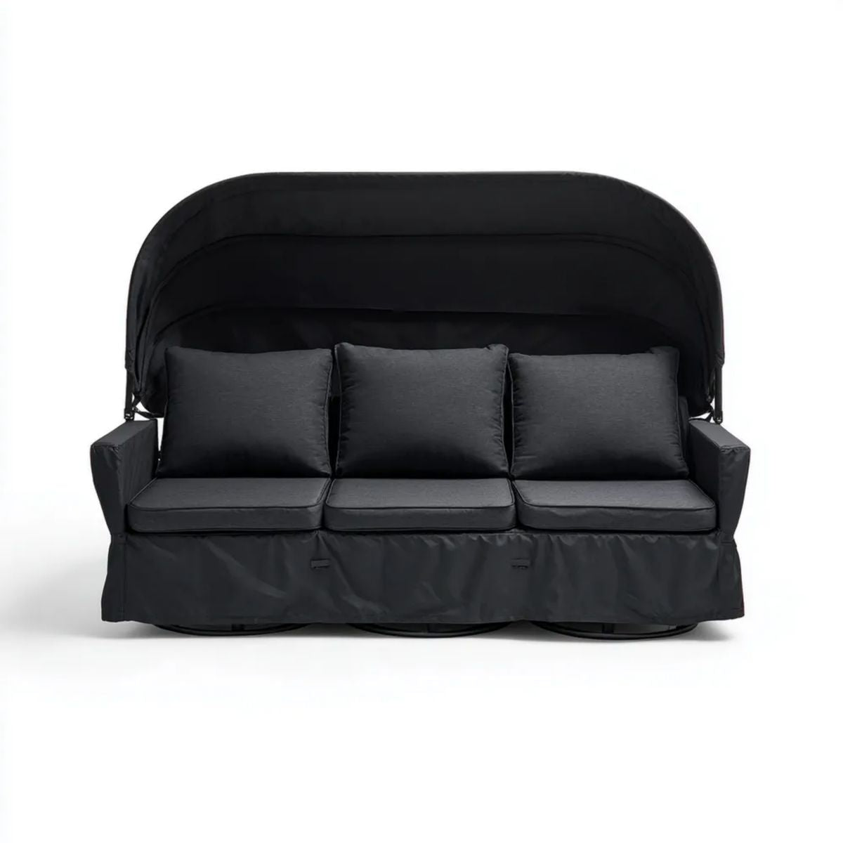 Trzyosobowa sofa ogrodowa z daszkiem czarna, stalowa i poliestrowa, 198 x 120 x 170 cm