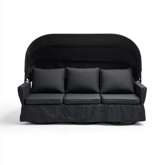 Trzyosobowa sofa ogrodowa z daszkiem czarna, stalowa i poliestrowa, 198 x 120 x 170 cm