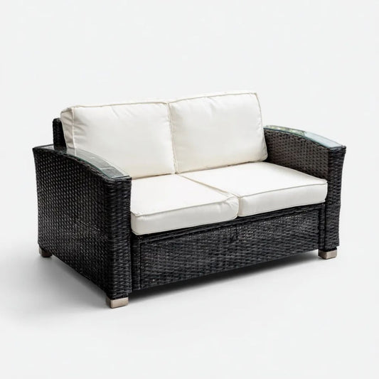 Dwuosobowa sofa ogrodowa z technorattanu, czarno-biała, 130 × 75 × 85 cm