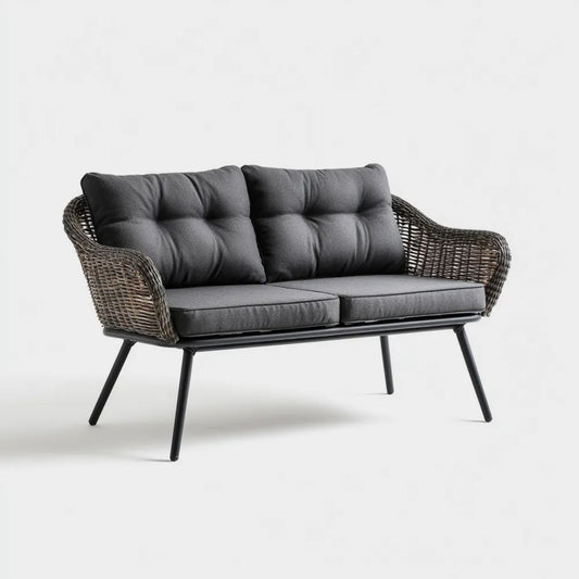 Dwuosobowa sofa ogrodowa z technorattanu i stali, grafitowo-czarno-ciemnobrązowa, 135 × 75 × 82 cm