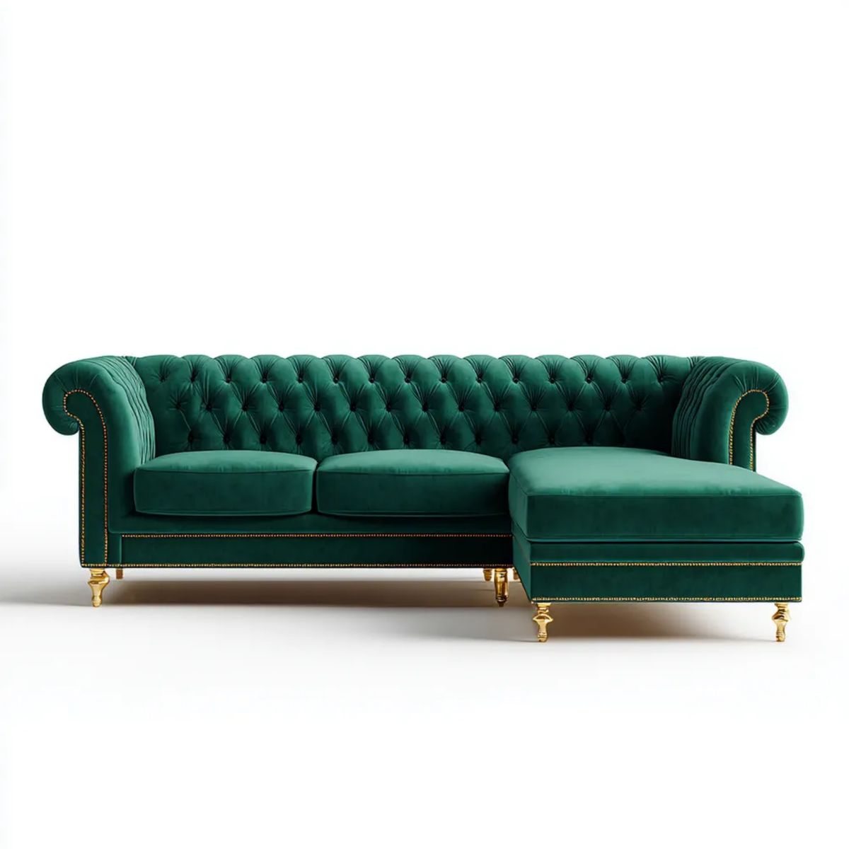 Prawostronna sofa narożna Chesterfield z aksamitu poliestrowego, ciemnozielona/złota, 280 x 170 x 75 cm