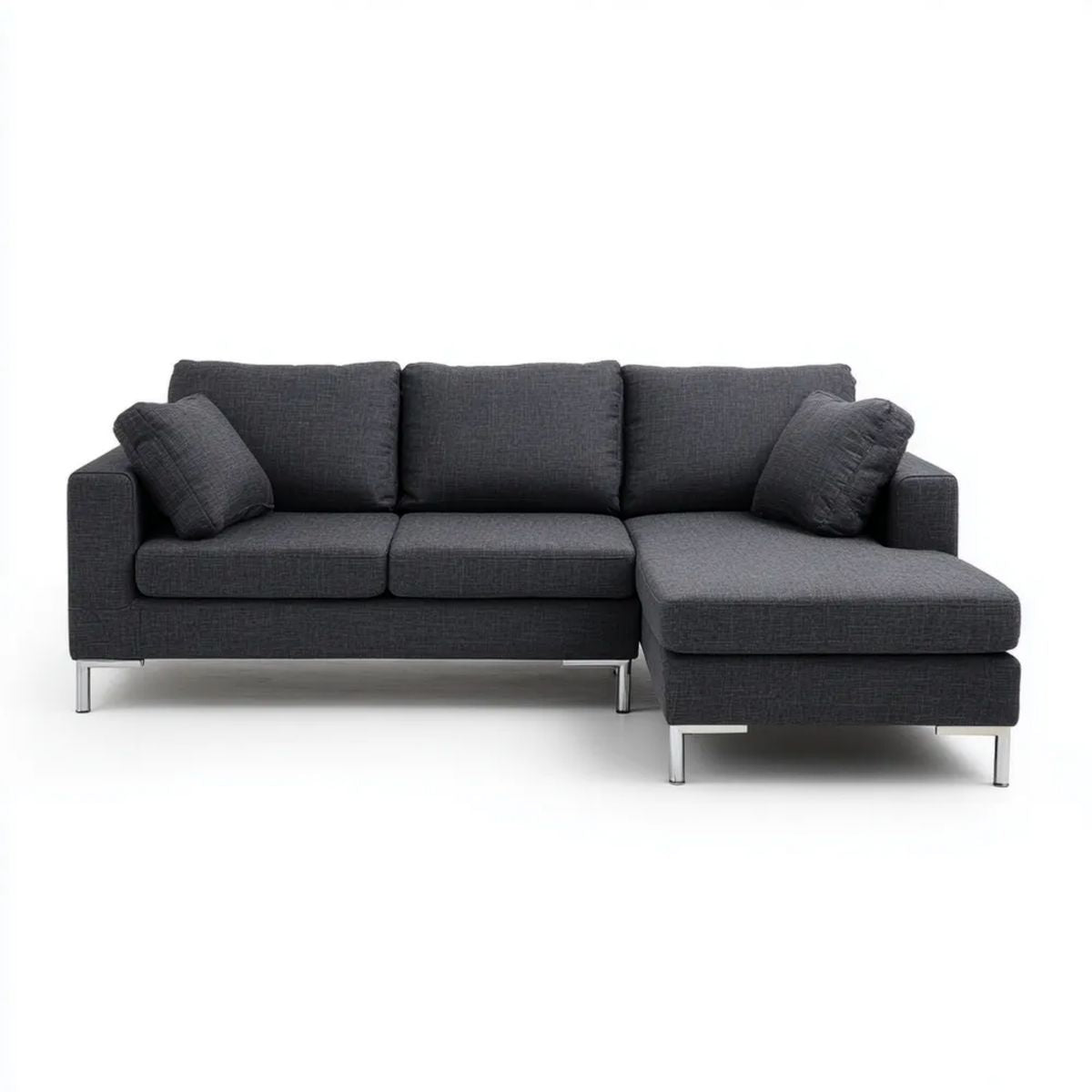 Grafitowa sofa narożna z prawym szezlongiem, tapicerka poliestrowa, 250 x 160 x 85 cm