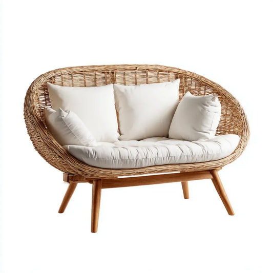 Dwuosobowa sofa ogrodowa z naturalnego rattanu z beżowymi poduszkami, 150 x 75 x 85 cm