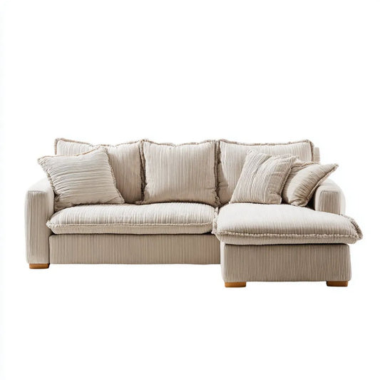 Beżowa sofa narożna w kształcie L z prawostronnym szezlongiem, poliestrowa tapicerka sztruksowa, 270 x 165 x 85 cm