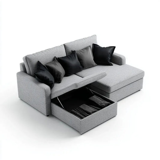 Rozkładana sofa z poliestru z prawostronnym modułem wypoczynkowym, pojemnikiem na pościel i powierzchnią spania 140 × 200 cm, jasnoszara, 240 × 160 × 85 cm