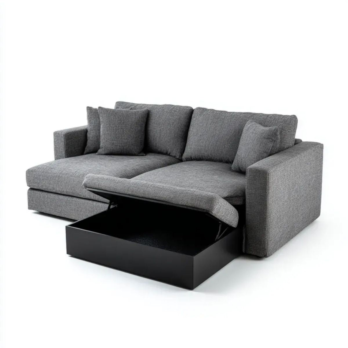Sofa 3-osobowa szara z tapicerką poliestrową i czarnym schowkiem, 210 x 90 x 85 cm