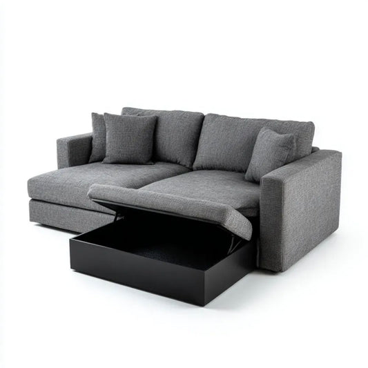Sofa 3-osobowa szara z tapicerką poliestrową i czarnym schowkiem, 210 x 90 x 85 cm