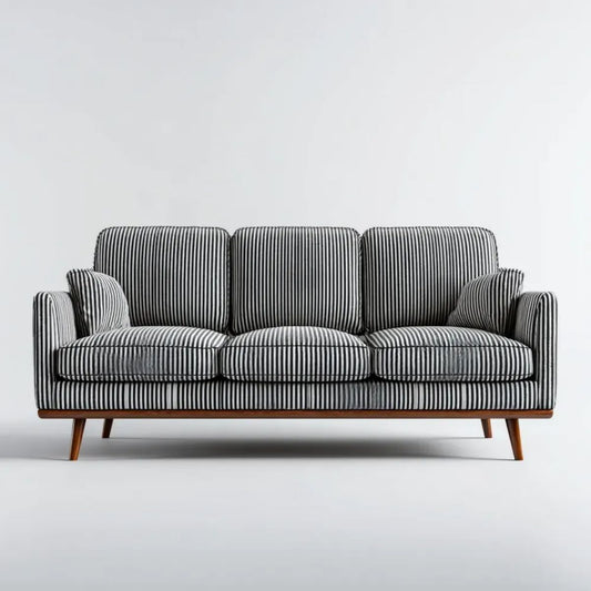 Sofa trzyosobowa czarno-biała z tapicerką poliestrową i drewnianą ramą, 210 x 85 x 85 cm