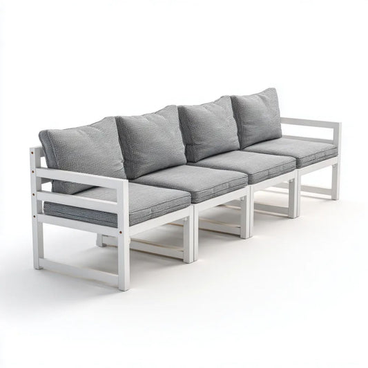 4-osobowa sofa ogrodowa z aluminium, biała z szarymi poduszkami, 240 × 70 × 65 cm
