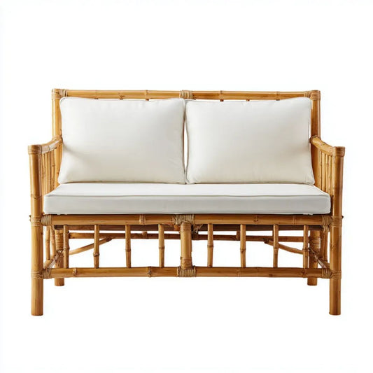 Dwuosobowa sofa ogrodowa z bambusa z białymi poduszkami, naturalna, 120 × 65 × 85 cm