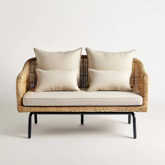 Dwuosobowa sofa ogrodowa z technorattanu, naturalna/beżowa/czarna, z 5 poduszkami, 120 x 70 x 78 cm